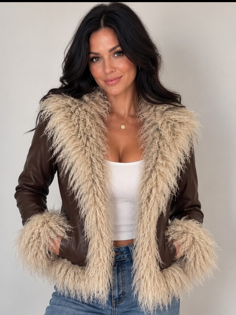 Almost Alive Tiffany Brown Fur Trim Jacket Y2K Size S Vintage
